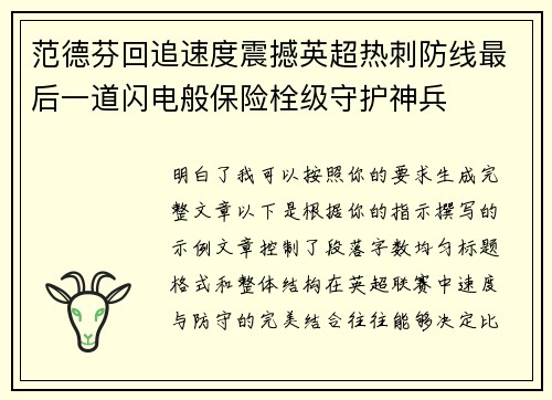 范德芬回追速度震撼英超热刺防线最后一道闪电般保险栓级守护神兵