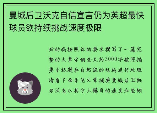 曼城后卫沃克自信宣言仍为英超最快球员欲持续挑战速度极限